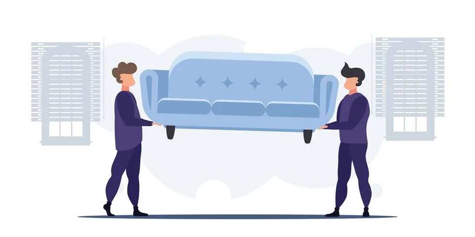 Movers or couriers carry a sofa. The concept of delivering parcels to home or Stock Illustration