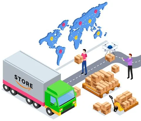 Movers put boxes with parcels in truck. Loading car before shipping and delivery Illustrazione stock