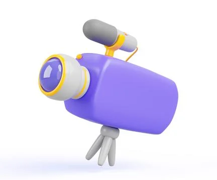 Movie camera 3d render icon. Cartoon purple camcorder with microphone and tripod Stock Illustration