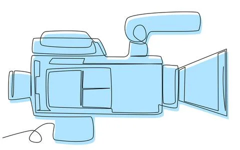 Movie camera in one line with a blue silhouette on a white background. Stock Illustration