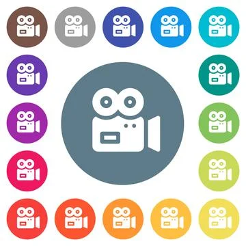 Movie camera solid flat white icons on round color backgrounds 库存插图