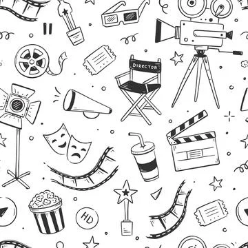 Movie, cinema vector pattern. Doodle hand drawn sketch style movie seamless Stock Illustration