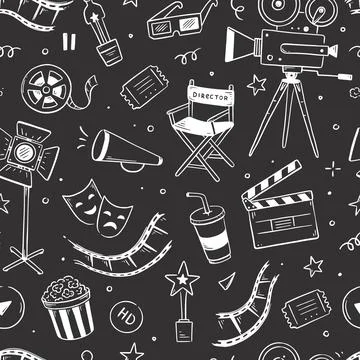 Movie, cinema vector pattern. Doodle hand drawn sketch style movie seamless Illustrazione stock