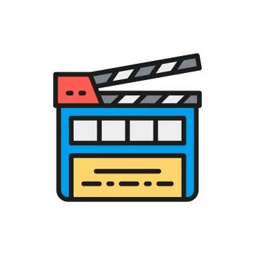 Movie clapper board, clapperboard flat color line icon. Stock Illustration