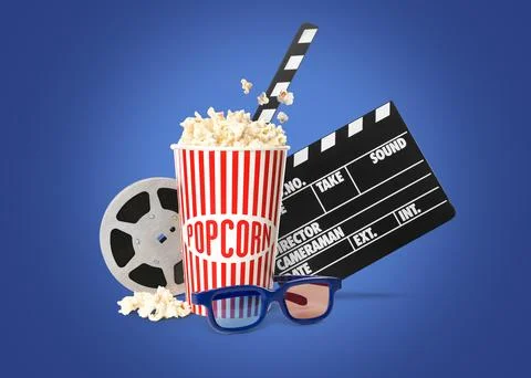 Movie clapper, pop corn, 3D glasses and film reel on blue background. Colla.. Stock Photos