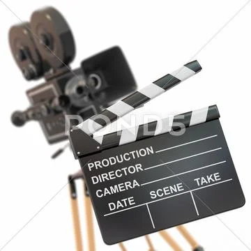 Movie composition. vintage camera and clapperboard. 3d Stock Illustration