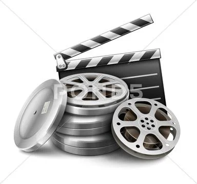 Movie film disk with tape and directors clapper for cinematography filmmaking Stock Illustration