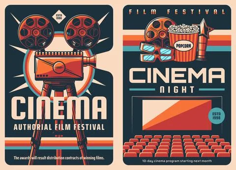 Movie film festival retro poster, cinema projector Stock Illustration