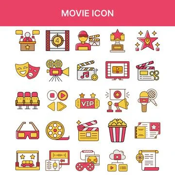 Movie Icon Set – Flat Vector Illustrations for Cinema, Film Production, and Ente Stock Illustration