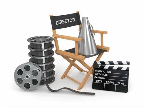 Movie industry. producer chair, ñlapperboard and film reel. 3d Stock Illustration