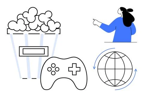Movie Popcorn, Video Game Controller, Global Connectivity, and Person Point.. Illustrazione stock