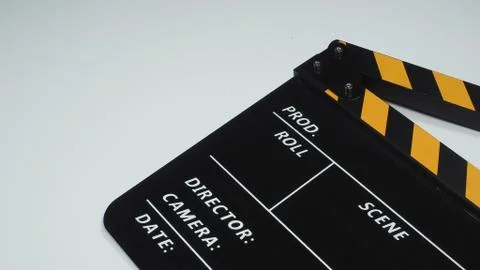 Movie slate or clapper board in yellow and black color.It is used in video pr Stock Photos