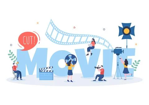 Movie Studio with Camera Crew Team People, Directur, lights, Microphone on Sc Stock Illustration
