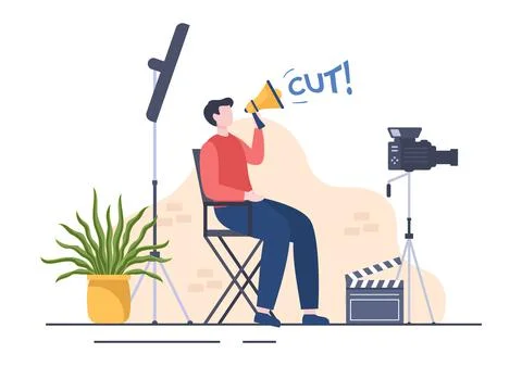 Movie Studio with Camera Crew Team People, Directur, lights, Microphone on Sc Stock Illustration