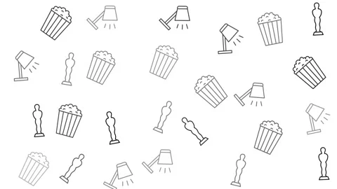 Movie theme seamless pattern with popcorn and award icons on white background Stock Footage 344875398