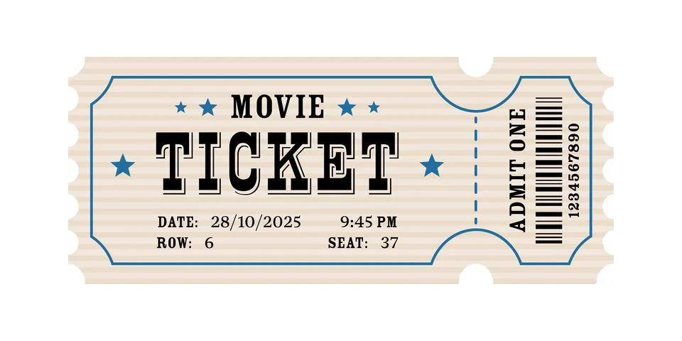 Movie ticket vector template with barcode. Cinema theater admission pass. M.. Stock Illustration