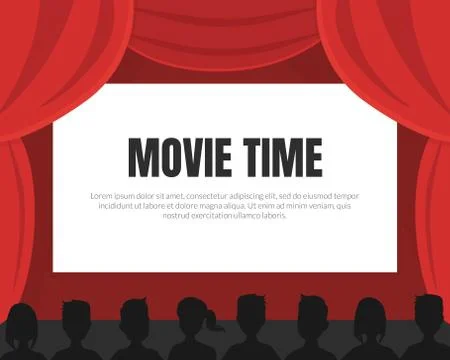 Movie Time Background with Space for Text, Cinema Red Curtains and Silhouettes Stock Illustration