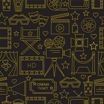 Movie Vector Seamless Pattern Background with cinema line icons Stock Illustration