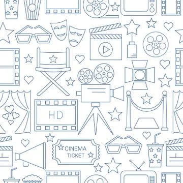Movie Vector Seamless Pattern Background with cinema line icons Stock Illustration