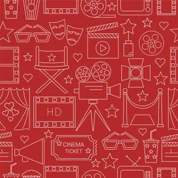 Movie Vector Seamless Pattern Background with cinema line icons Stock Illustration