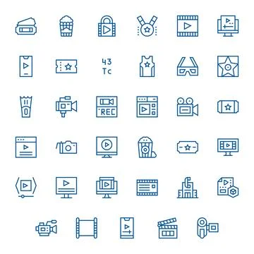 Movie Visual Pack containing 35 Regular Line Display Perfect Vector Icons Stock Illustration