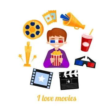 Moviegoer boy cinema icons vector set Stock Illustration