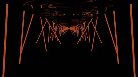 Moving 3d corridor with neon lines in dark. Design. Gloomy path in cyberspace Stock Illustration