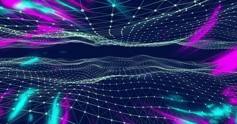 Moving 3D wireframe mesh forming wavy surface in virtual space, with glowing Stock Illustration