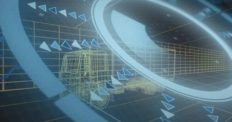 Moving 3D wireframe truck navigating virtual grid corridor, HUD rings and Stock Illustration