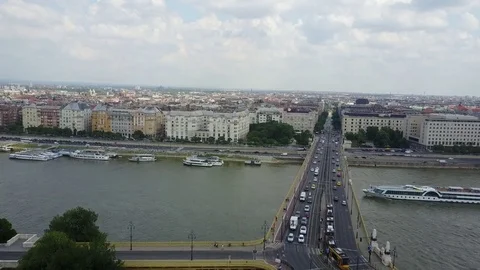 Moving above Margit Bridge on the River Danube in Budapest, Hungary Stock Footage 77109878