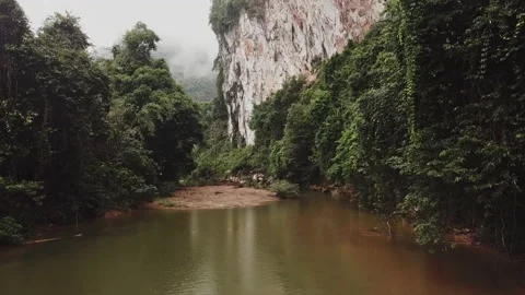 Moving above the river between jungle trees to the mountains. Rainy weather Stock Footage 201415505