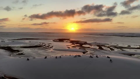 Moving Above Sunset Wet-Sand Channels at Lençóis Maranhenses Stock Footage 342445092