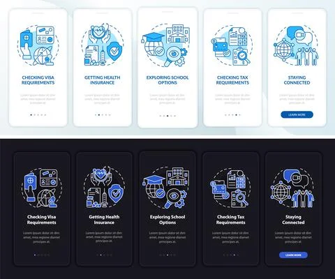 Moving abroad preparing dark, light onboarding mobile app page screen Illustrazione stock