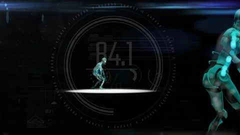 Moving ai robots on black background with white light spot from top.  Stock Footage 268631800