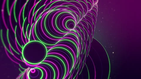Moving along an abstract figure formed by neon green and violet circles. Video stock 145390367