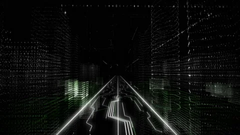 Moving Along Abstract Tech Highway In Artificial City Made By Computer Graphics Stock Footage 155166551