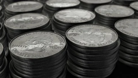Moving along coin stacks Stock Footage 150376458