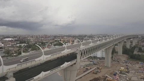 Moving along the splitting double decker highway bridge over the water Video stock 77837582