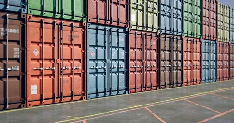Moving along stacks of cargo containers, seamless loop Stock Footage 113975428