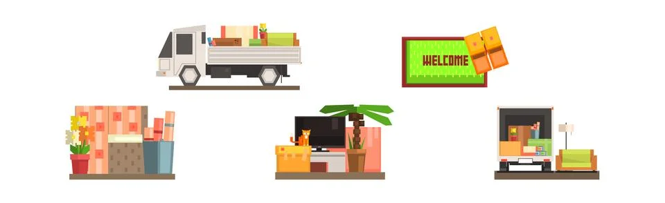 Moving and Changing Apartment Flat Icon and Furniture Item Vector Set Stock Illustration