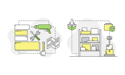 Moving and relocation set. Cardboard boxes with personal belongings and Illustrazione stock