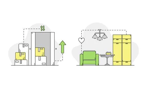 Moving and relocation set. Cardboard boxes with personal belongings linear Illustrazione stock