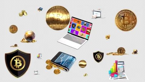 Moving animation of bitcoins. Transparent background and loop video. Video stock 203305611