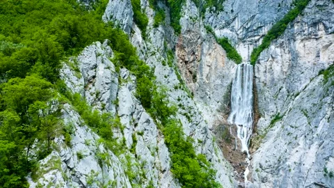 Moving Away From Wall Of Stone, Cliff, Canyon With Flowers, Trees, Waterfall. Stock Footage 231202296