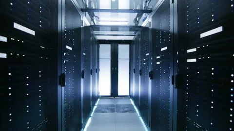 Moving Backward Dolly Shot of a Working Data Center With Rack Servers. Stock Footage 73667219
