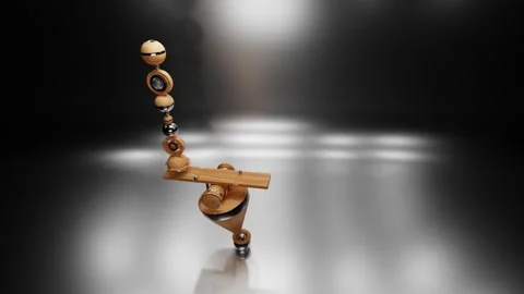 Moving balancing composition. different figures made of wooden and metal materia Video stock 255628239