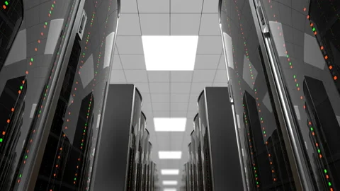 Moving between server racks in datacenter, loop Stock Footage 91125442
