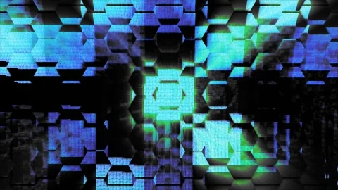 Moving blue green pixeled mosaic in black background with grain effect Stock Footage 273091981