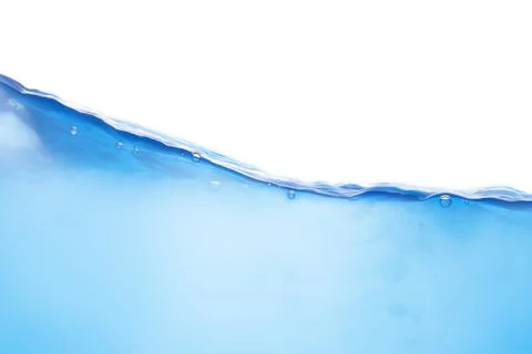 Moving blue water surface and bubbles on a white background Stock Photos