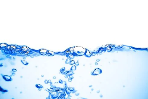 Moving blue water surface and bubbles on a white background Stock Photos
